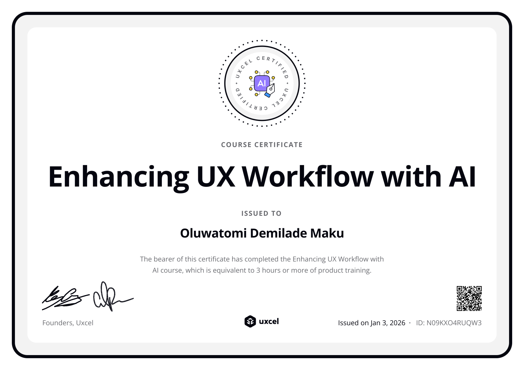 Oluwatomi Demilade Maku's certificate